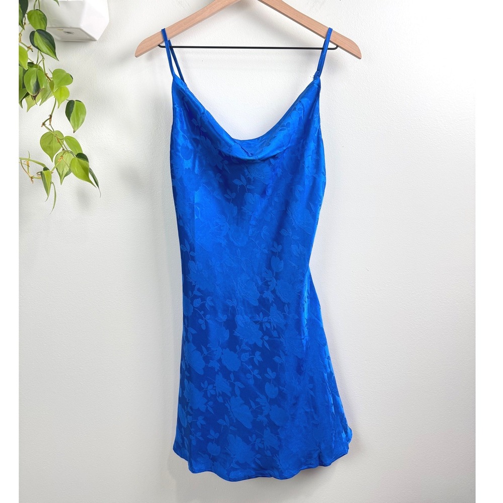 Lulus Close to Your Heart Royal Blue Satin Jacquard Cowl Slip Dress L Romantic